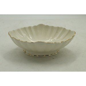 Vtg Oval Telaflora Ivory Candy/Fruits Dish w/Pedestal & Wave Gold Trim 9X6 1/4"